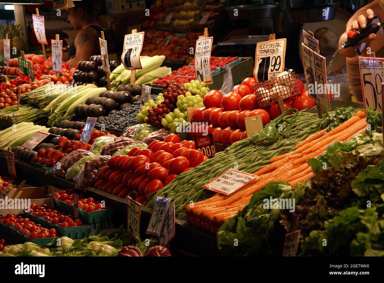 Vegetable and fruit market at  fresh produce stalls,Pike Place Market, Seattle, Washington Stock Photo