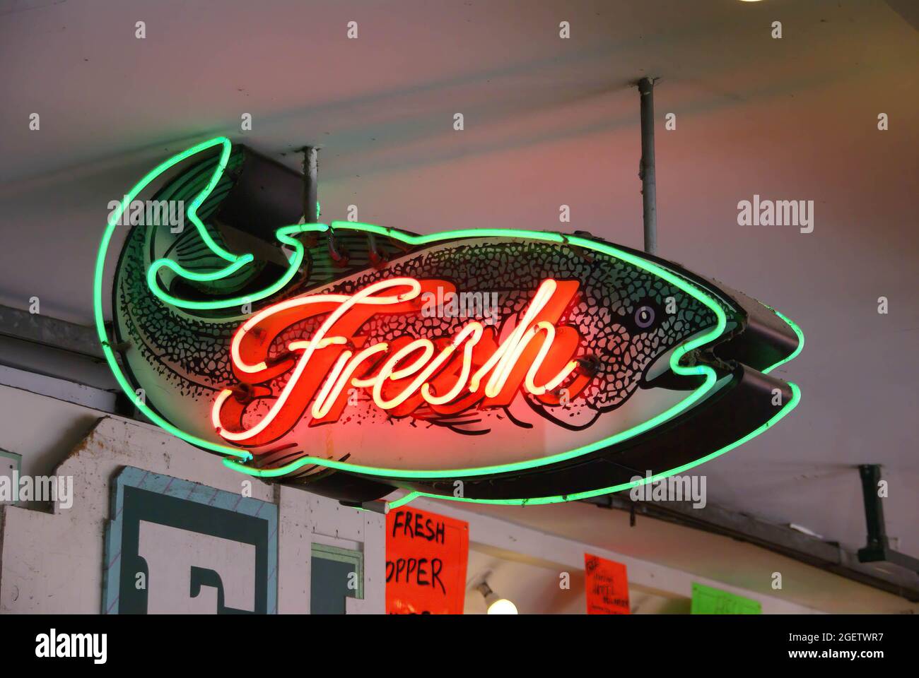 Fresh Fish neon sign, Pike Place Market Seattle, Washington, Pacific Northwest Stock Photo