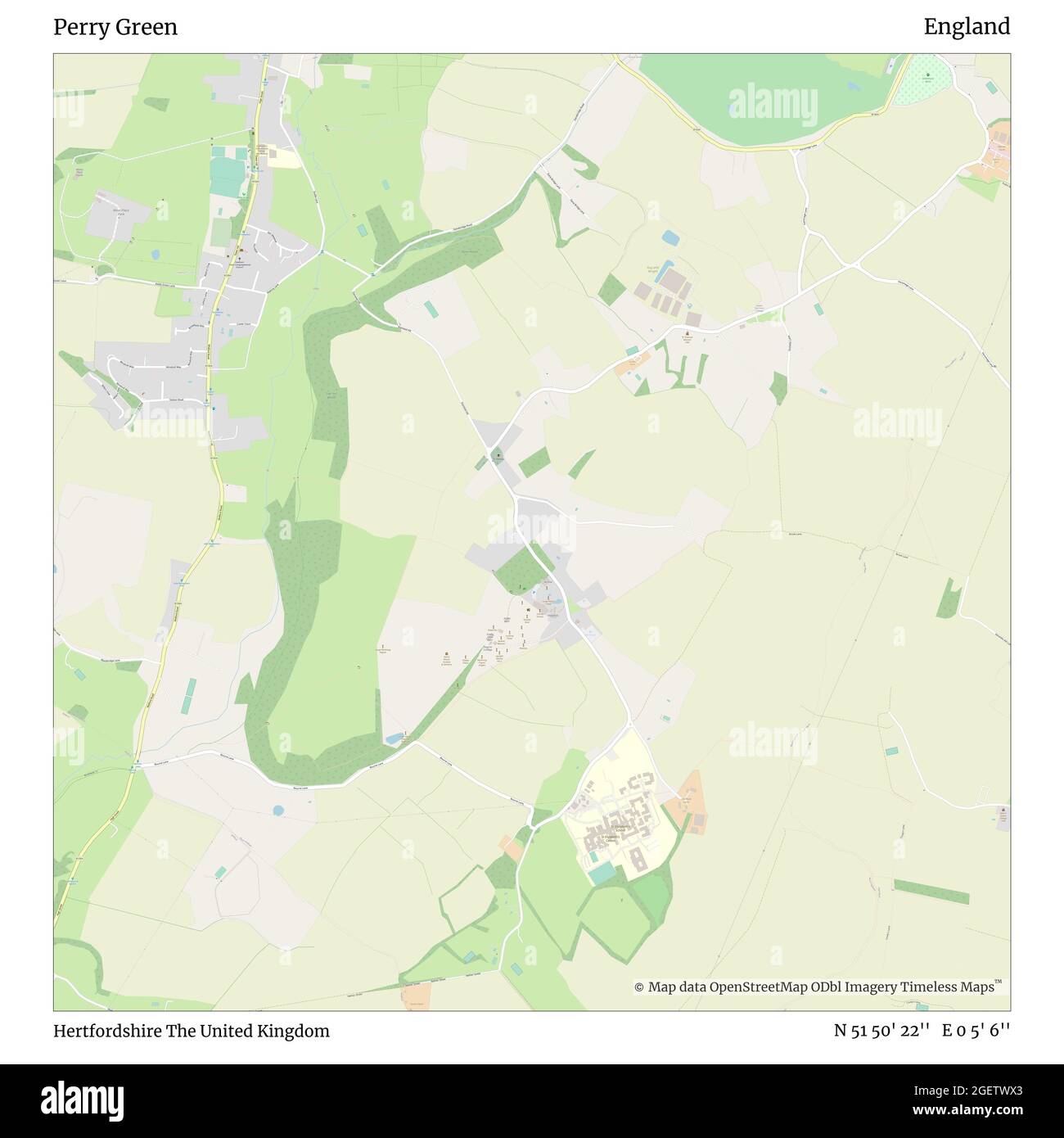 Perry Green, Hertfordshire, United Kingdom, England, N 51 50' 22'', E 0 5' 6'', map, Timeless Map published in 2021. Travelers, explorers and adventurers like Florence Nightingale, David Livingstone, Ernest Shackleton, Lewis and Clark and Sherlock Holmes relied on maps to plan travels to the world's most remote corners, Timeless Maps is mapping most locations on the globe, showing the achievement of great dreams Stock Photo