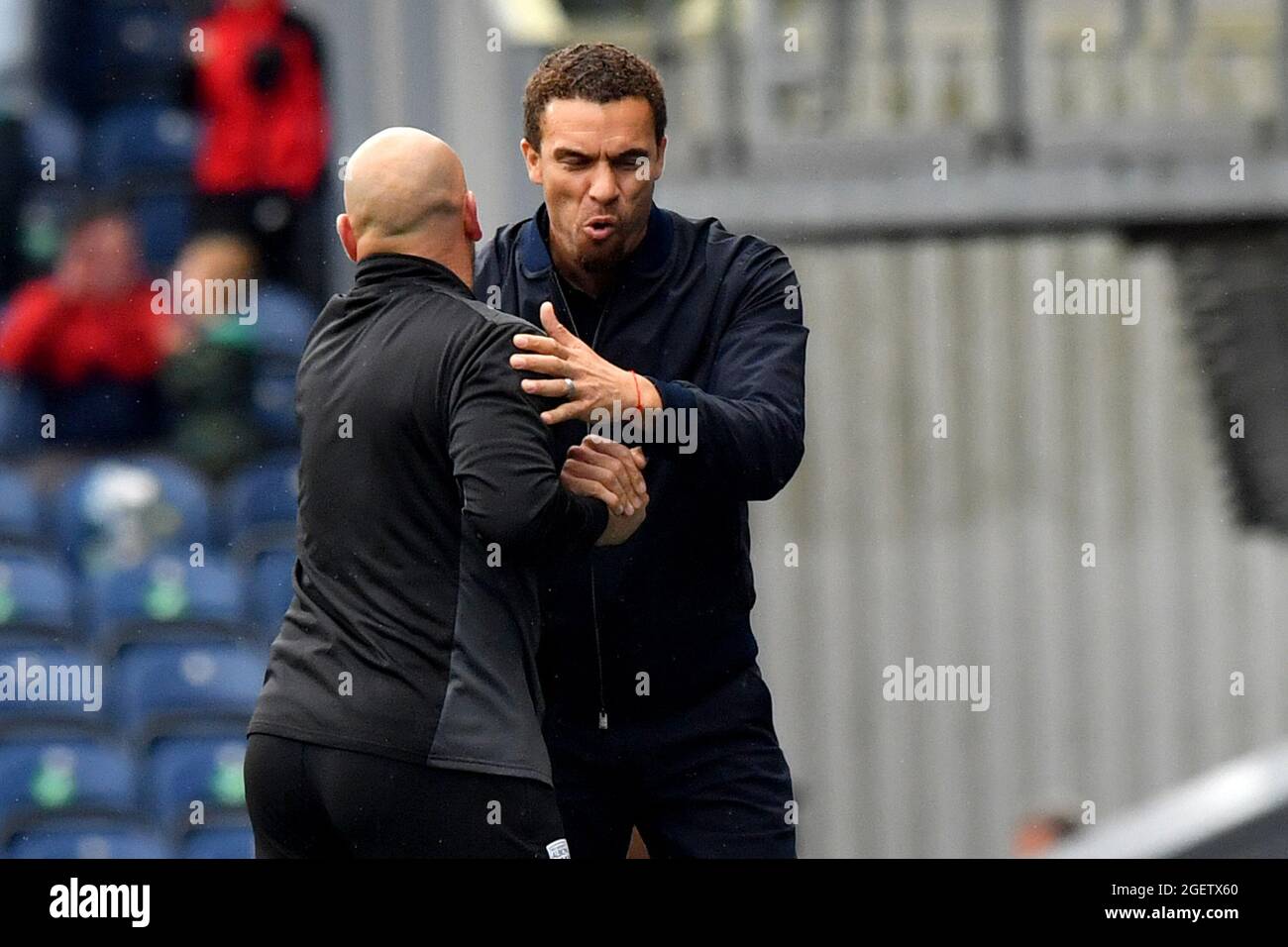 West Bromwich Albion manager Valerien Ismael (right) celebrates at the final whistle during the Sky Bet Championship match at Ewood Park, Blackburn. Picture date: Saturday August 21, 2021. Stock Photo