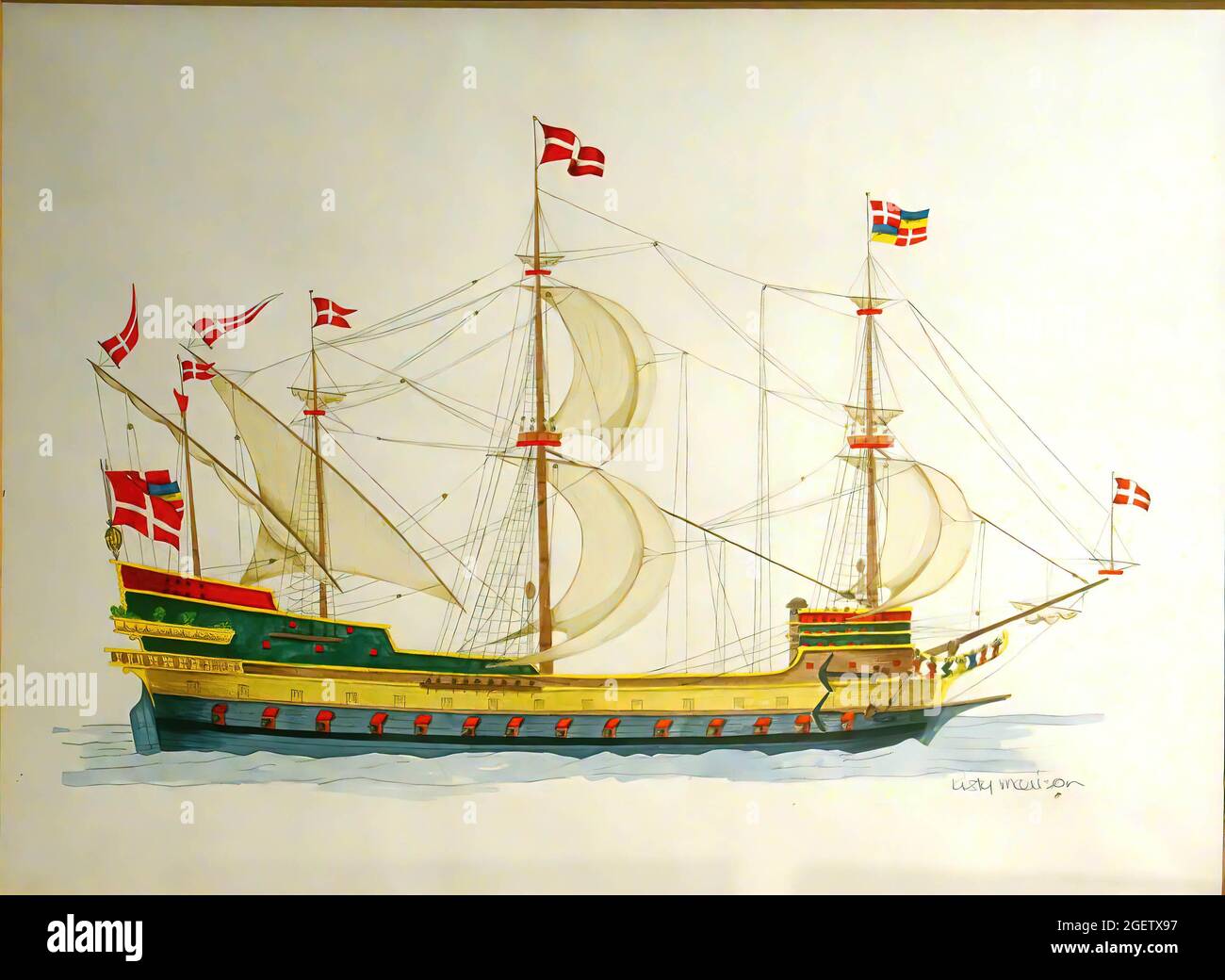 VALLETTA, MALTA - APR 11, 2018 - Painting of sailing ship in the Malta Maritime Museum, Birgu Vittoriosa, Malta Stock Photo