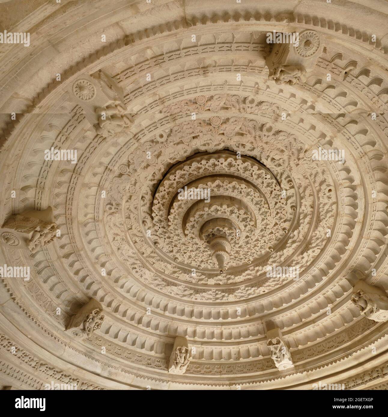 RANAKPUR, INDIA -JAN 6, 2019 - Finely carved marble dome, Chaturmukha Dharana Vihara is a Jain temple at Ranakpur is dedicated to Tirthankara Rishabha Stock Photo