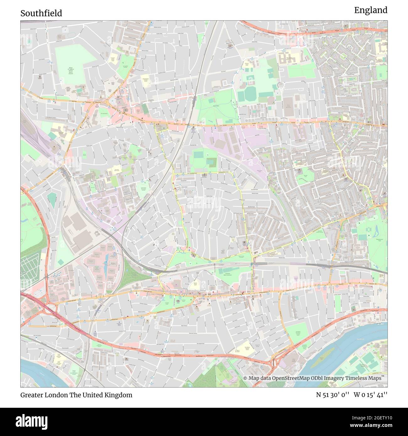 Southfield, Greater London, United Kingdom, England, N 51 30' 0'', W 0 15' 41'', map, Timeless Map published in 2021. Travelers, explorers and adventurers like Florence Nightingale, David Livingstone, Ernest Shackleton, Lewis and Clark and Sherlock Holmes relied on maps to plan travels to the world's most remote corners, Timeless Maps is mapping most locations on the globe, showing the achievement of great dreams Stock Photo