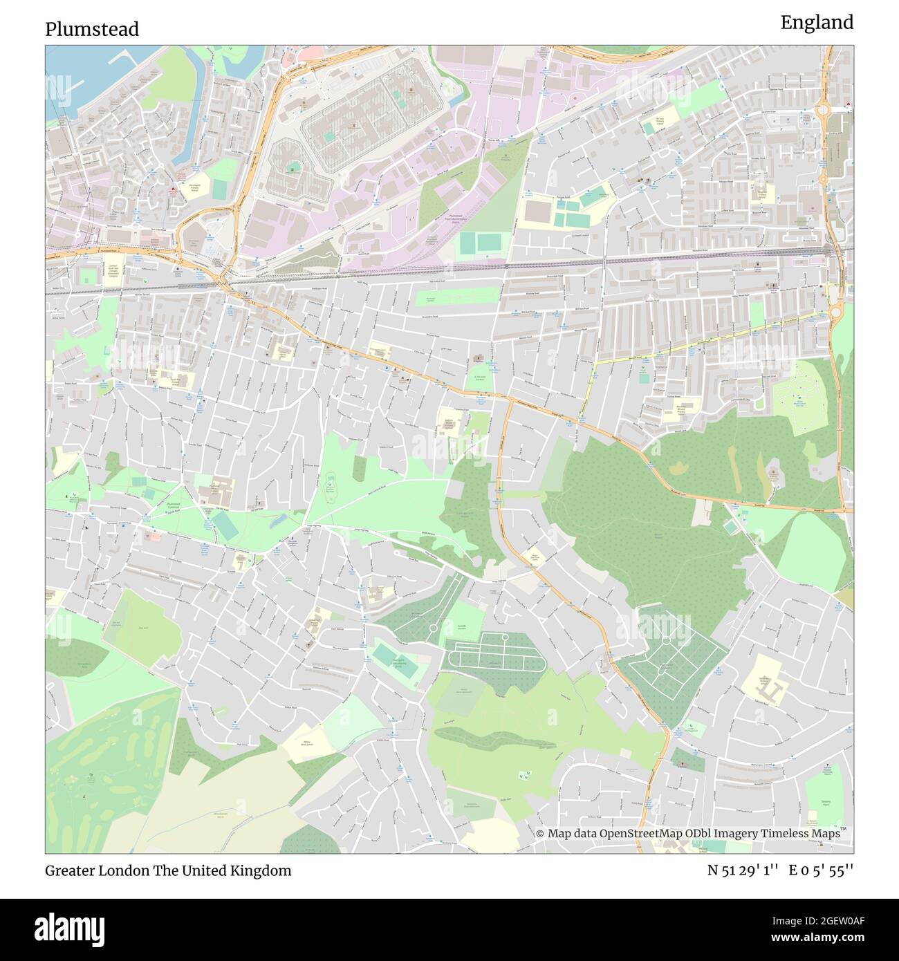 Plumstead, Greater London, United Kingdom, England, N 51 29' 1'', E 0 5' 55'', map, Timeless Map published in 2021. Travelers, explorers and adventurers like Florence Nightingale, David Livingstone, Ernest Shackleton, Lewis and Clark and Sherlock Holmes relied on maps to plan travels to the world's most remote corners, Timeless Maps is mapping most locations on the globe, showing the achievement of great dreams Stock Photo