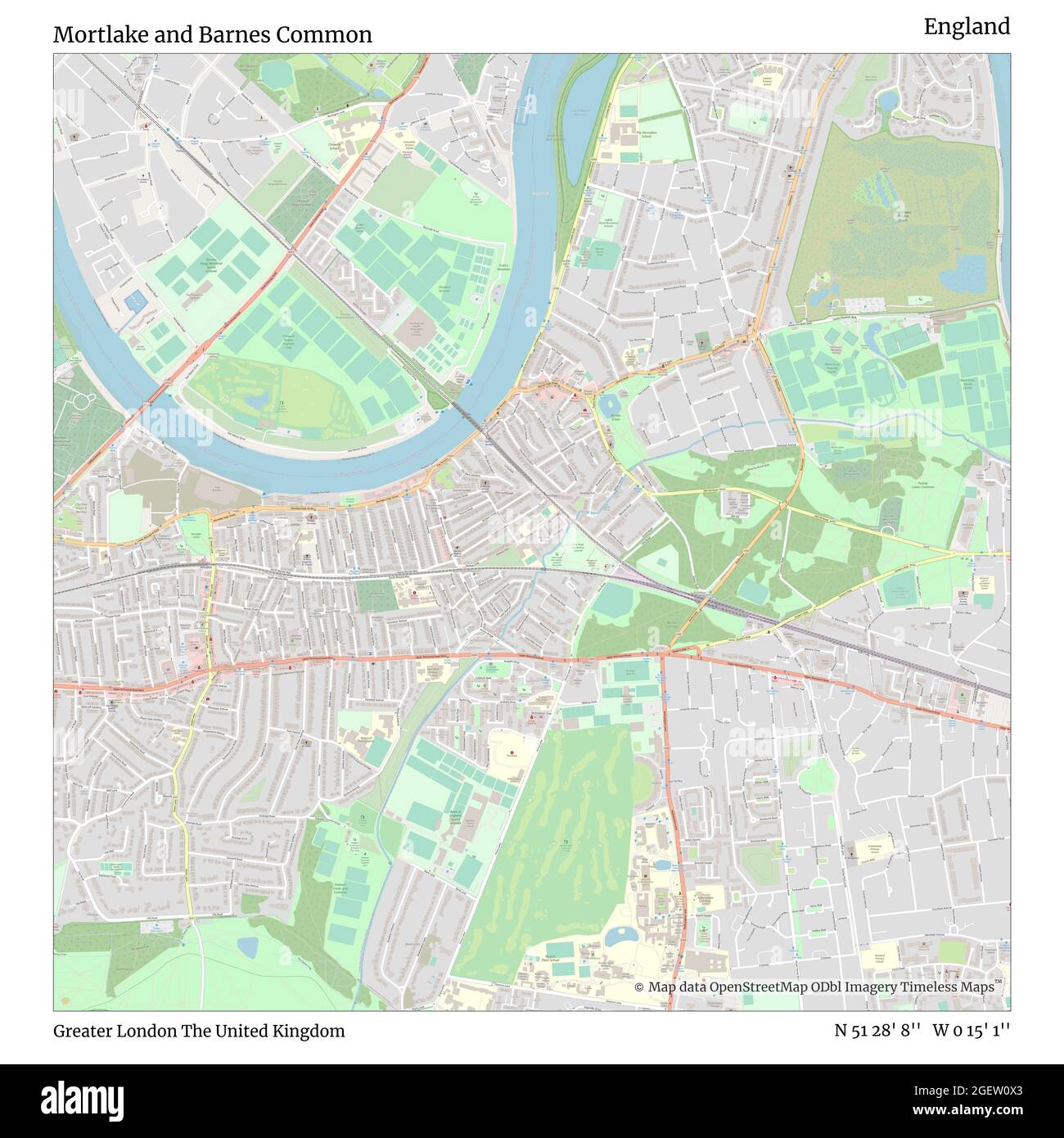 Mortlake and Barnes Common, Greater London, United Kingdom, England, N 51 28' 8'', W 0 15' 1'', map, Timeless Map published in 2021. Travelers, explorers and adventurers like Florence Nightingale, David Livingstone, Ernest Shackleton, Lewis and Clark and Sherlock Holmes relied on maps to plan travels to the world's most remote corners, Timeless Maps is mapping most locations on the globe, showing the achievement of great dreams Stock Photo