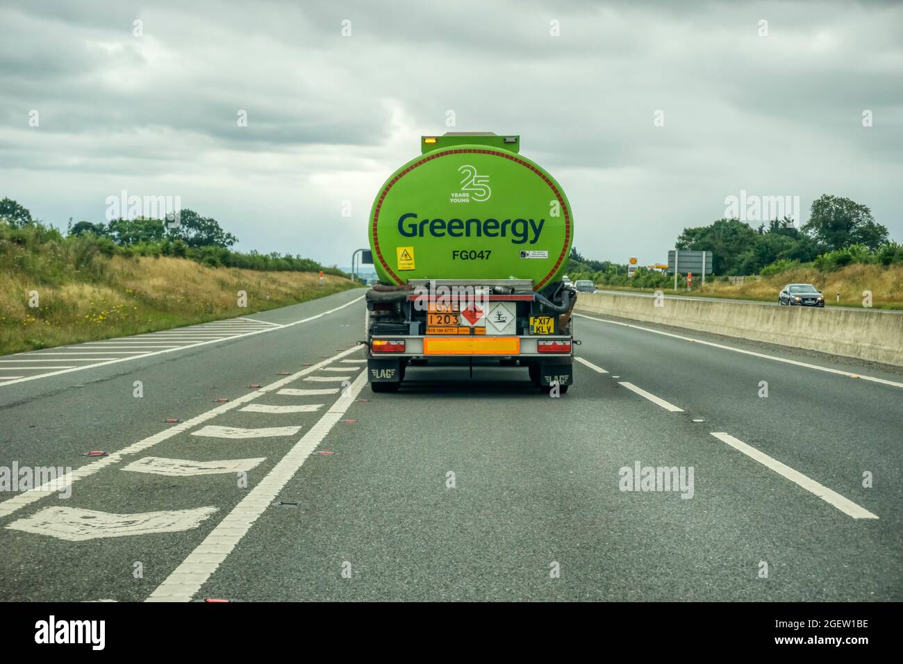 A Greenergy oil tanker travelling on the A66 in Cumbria. Stock Photo