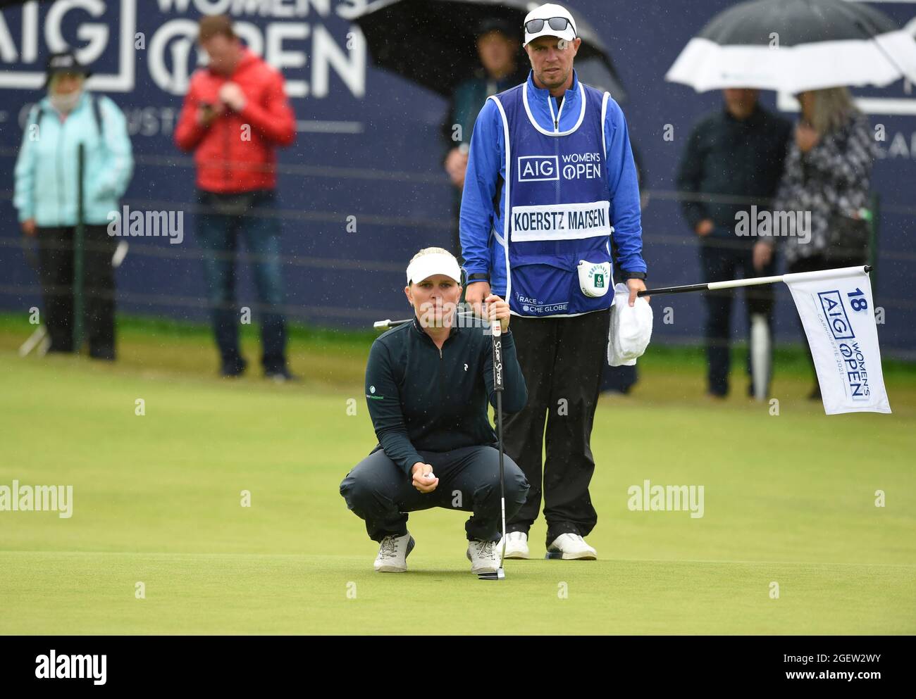 Denmark's Nanna Koerstz Madsen lines up a putt on the 18th green during day three of the AIG Women's Open at Carnoustie. Picture date: Saturday August 21, 2021. See PA story GOLF Women. Photo credit should read: Ian Rutherford/PA Wire. RESTRICTIONS: Use subject to restrictions. Editorial use only, no commercial use without prior consent from rights holder. Stock Photo