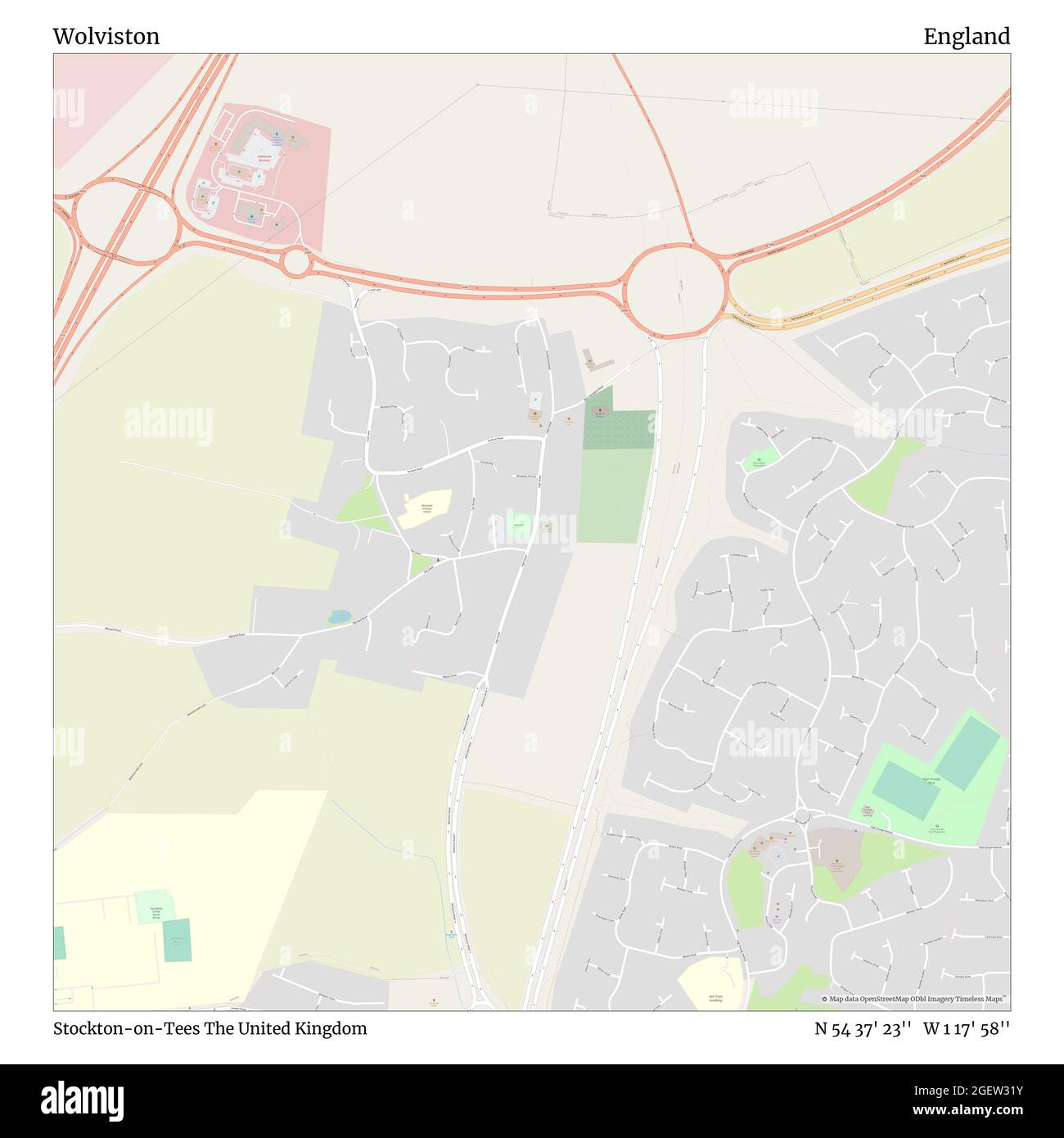 Wolviston, Stockton-on-Tees, United Kingdom, England, N 54 37' 23'', W 1 17' 58'', map, Timeless Map published in 2021. Travelers, explorers and adventurers like Florence Nightingale, David Livingstone, Ernest Shackleton, Lewis and Clark and Sherlock Holmes relied on maps to plan travels to the world's most remote corners, Timeless Maps is mapping most locations on the globe, showing the achievement of great dreams Stock Photo