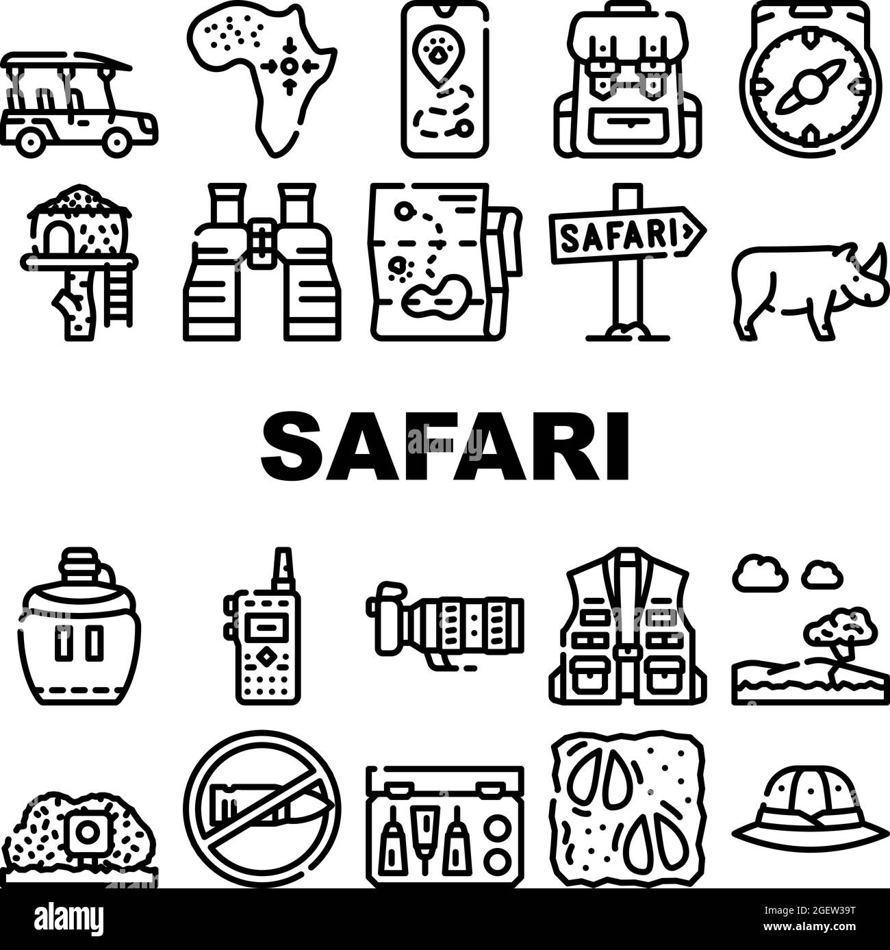 Safari African Hunting Vacation Icons Set Vector Stock Vector Image ...