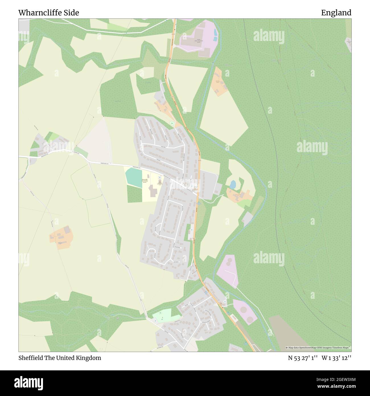 Wharncliffe Side, Sheffield, United Kingdom, England, N 53 27' 1'', W 1 33' 12'', map, Timeless Map published in 2021. Travelers, explorers and adventurers like Florence Nightingale, David Livingstone, Ernest Shackleton, Lewis and Clark and Sherlock Holmes relied on maps to plan travels to the world's most remote corners, Timeless Maps is mapping most locations on the globe, showing the achievement of great dreams Stock Photo