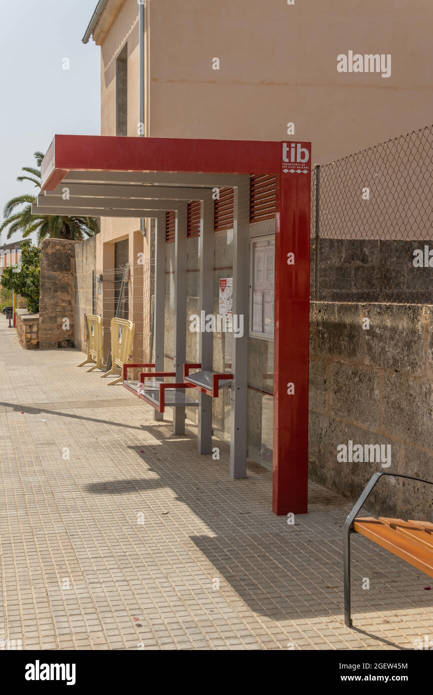 Campos, Spain; august 14 2021: Bus stop of the TIB company in the MAjorcan town of Campos, a summer morning Stock Photo