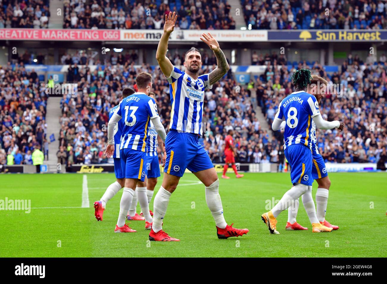 Brighton, UK. 21st Aug, 2021. Shane Duffy of Brighton and Hove Albion celebrates after scoring to make the score 1-0 during the League match between Brighton & Hove Albion and Watford