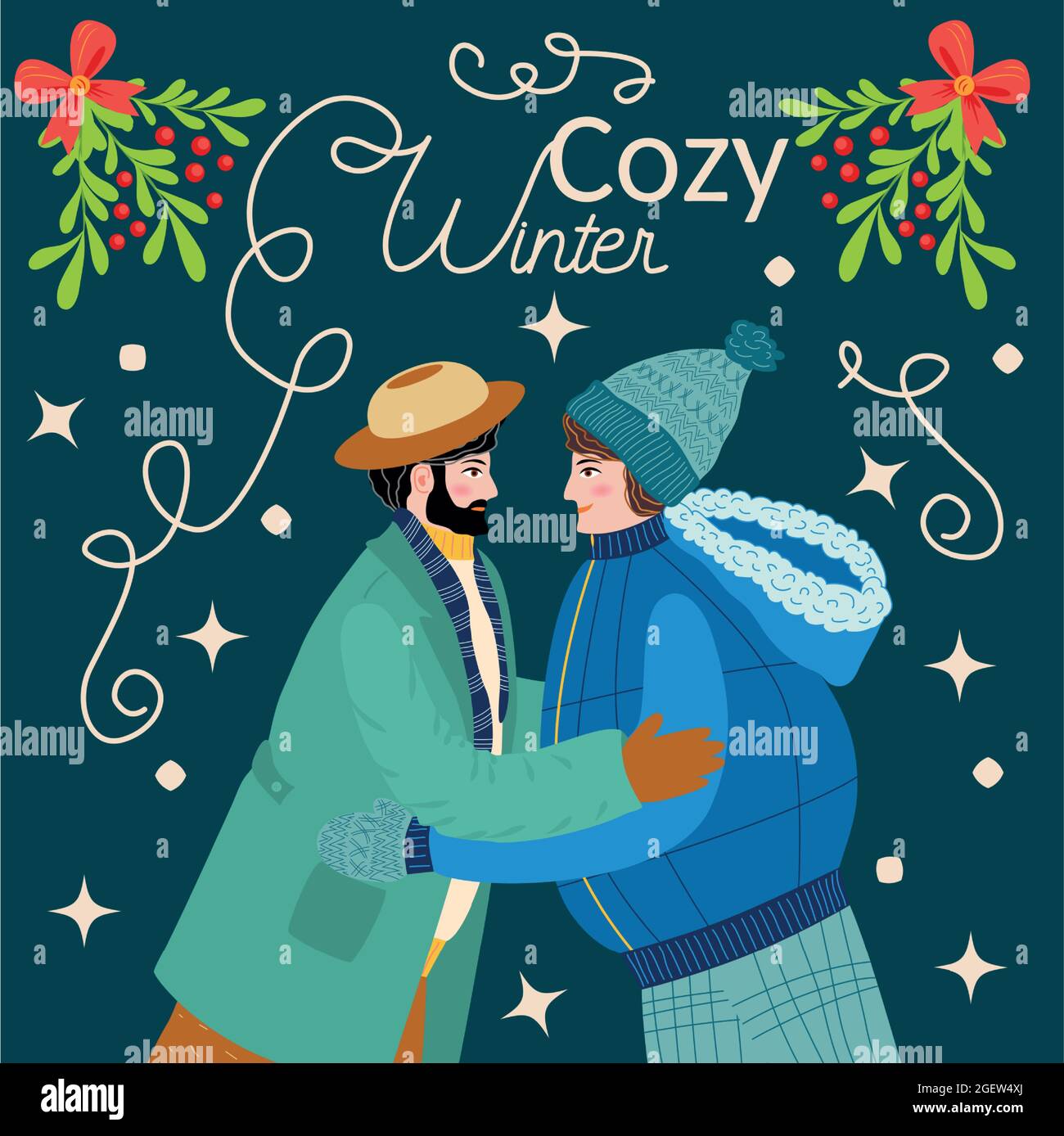 Two Guys Hug Friends Brothers Or A Gay Couple Congratulate Each Other On The Holidays Christmas And Happy New Year Illustration Trendy Retro Style Stock Vector Image Art Alamy<script async src=