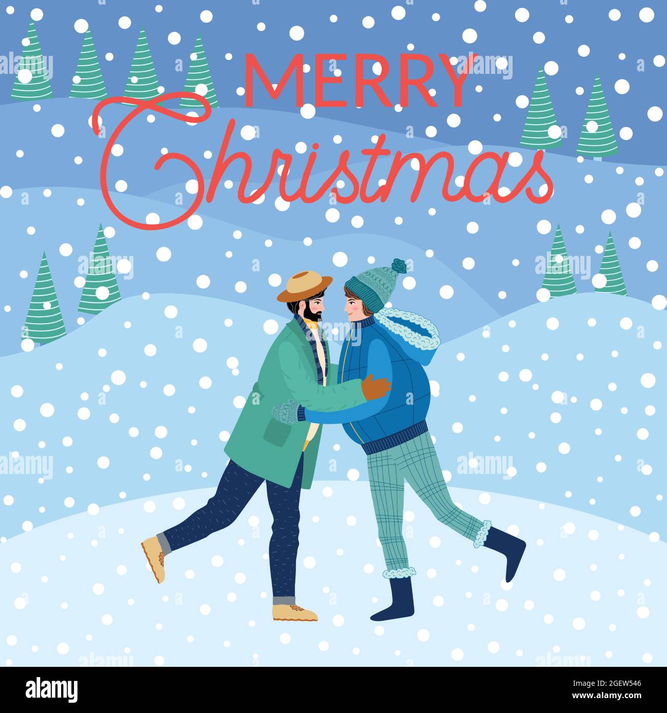 Two guys hug, friends, brothers or a gay couple congratulate each other on the holidays. Christmas and Happy New Year illustration. Trendy retro style Stock Vector