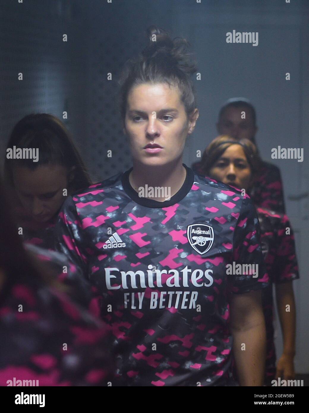 Moscow, Russia. 21st Aug, 2021. Jennifer Beattie (5 Arsenal) enters the stadium for warm- up during the UEFA Womens Champions League Round 1 football match between Arsenal and PSV Eindhoven at Sapsan Arena in Moscow, Russia. Credit: SPP Sport Press Photo. /Alamy Live News Stock Photo