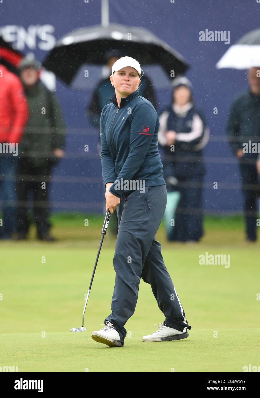 Denmark's Nanna Koerstz Madsen on the 18th green during day three of the AIG Women's Open at Carnoustie. Picture date: Saturday August 21, 2021. See PA story GOLF Women. Photo credit should read: Ian Rutherford/PA Wire. RESTRICTIONS: Use subject to restrictions. Editorial use only, no commercial use without prior consent from rights holder. Stock Photo