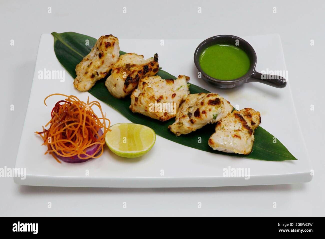 indian food speciality tandoori malai chicken tikka, cream based marinated chicken cubes cooked in clay oven Stock Photo