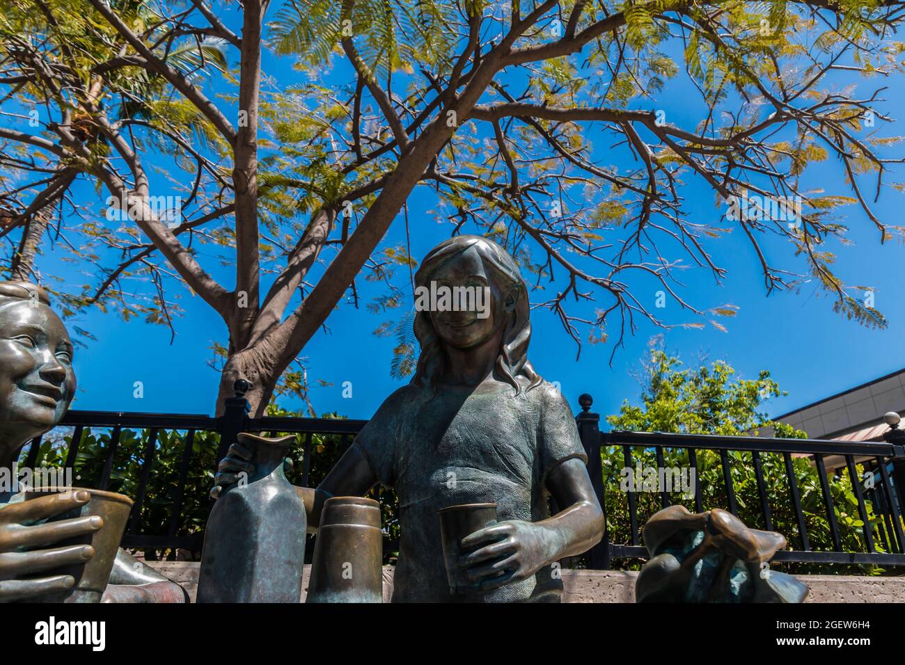 Bronze Sculpture of Guava Juice Stand at Queens Marketplace  at Waikoloa, Hawaii Island, Hawaii, USA Stock Photo