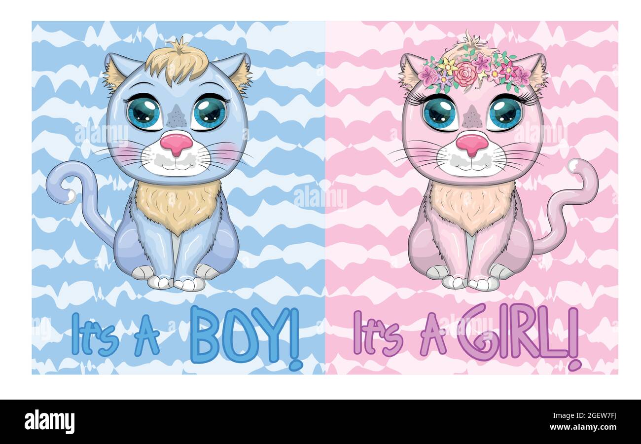 Baby Shower greeting card with Cute Kittens boy and girl Stock Vector