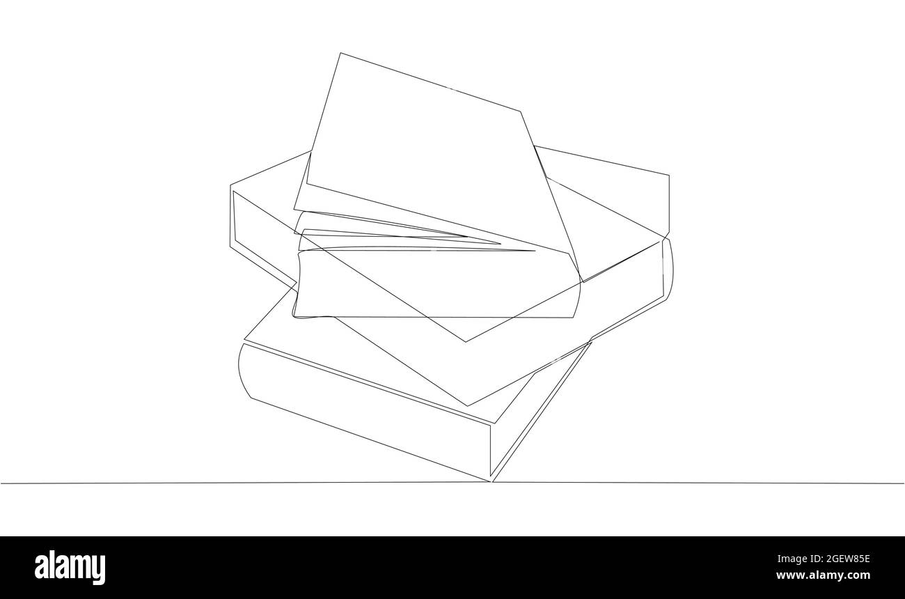 Stack of opened books in style of one line. Black contour. Stock Vector
