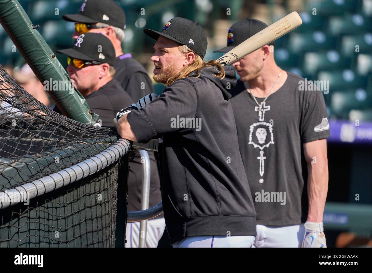 August 3 2021: Colorado Rockies outfielder Connor Joe (9) before the game  with the Chicago Cubs and the Colorado Rockies held at Coors Field in  Denver Co. David Seelig/Cal Sport Medi(Credit Image