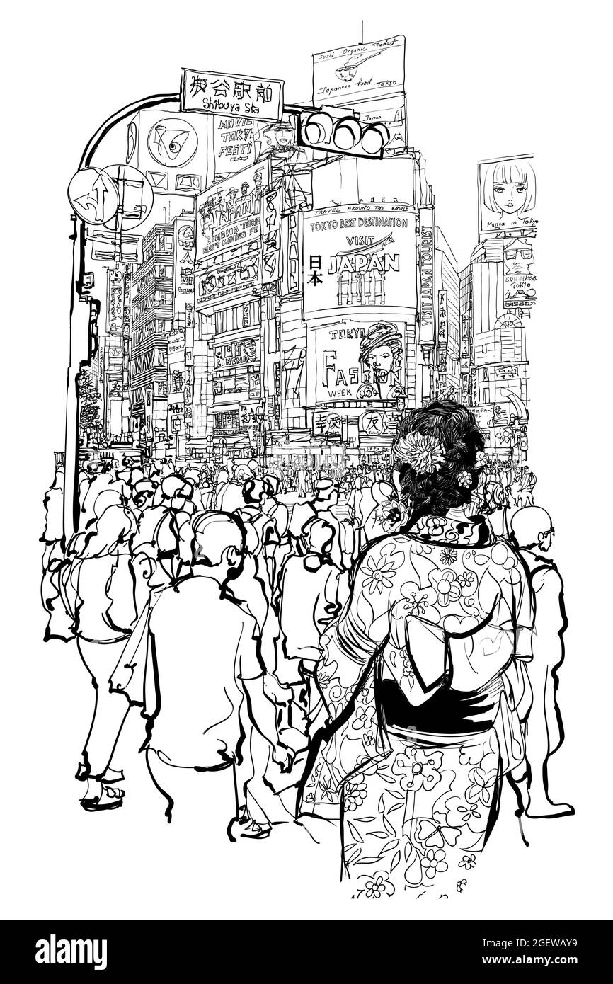 TOKYO, famous Shibuya crossroad - Vector illustration (all advertisements are fake) Meaning of Japanese caracters: Japan; Shibuya; happiness; love; fr Stock Vector