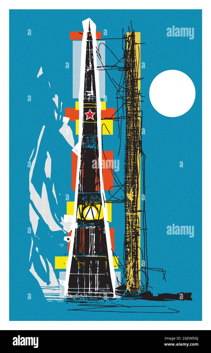 Woodcut expressionist style illustration of a soviet moon rocket Stock Vector