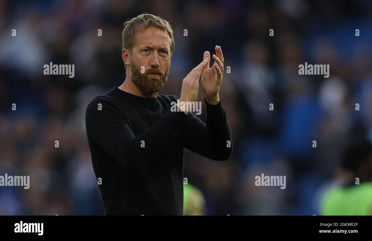 Brighton and Hove, England, 21st August 2021. Graham Potter, Manager of Brighton and Hove Albion celebrates after his team win the Premier League match at the AMEX Stadium, Brighton and Hove. Picture credit should read: Paul Terry / Sportimage Stock Photo