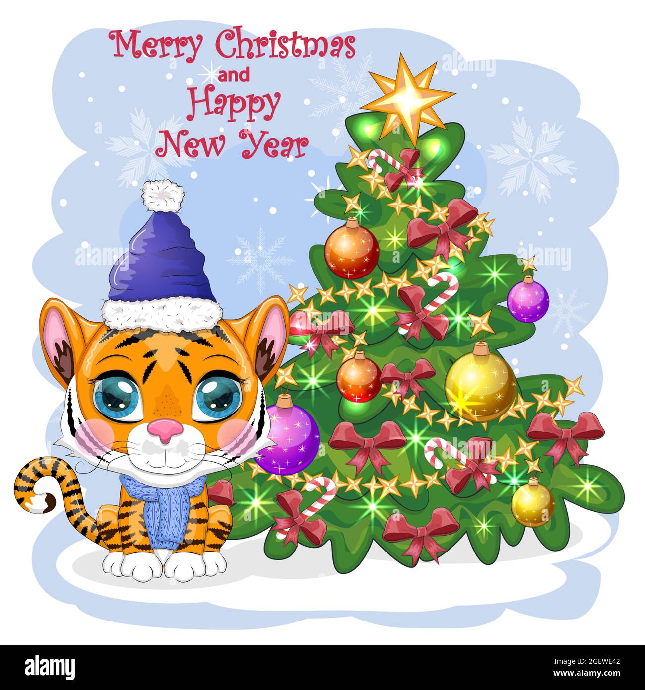 Christmas Presents Funny Cartoon 2022 Cartoon Tiger In A Hat And Scarf With A Gift Near The Christmas Tree.  Winter Time. Children's Style, Sweetheart. Happy New Year 2022 And Merry  Christm Stock Vector Image & Art - Alamy