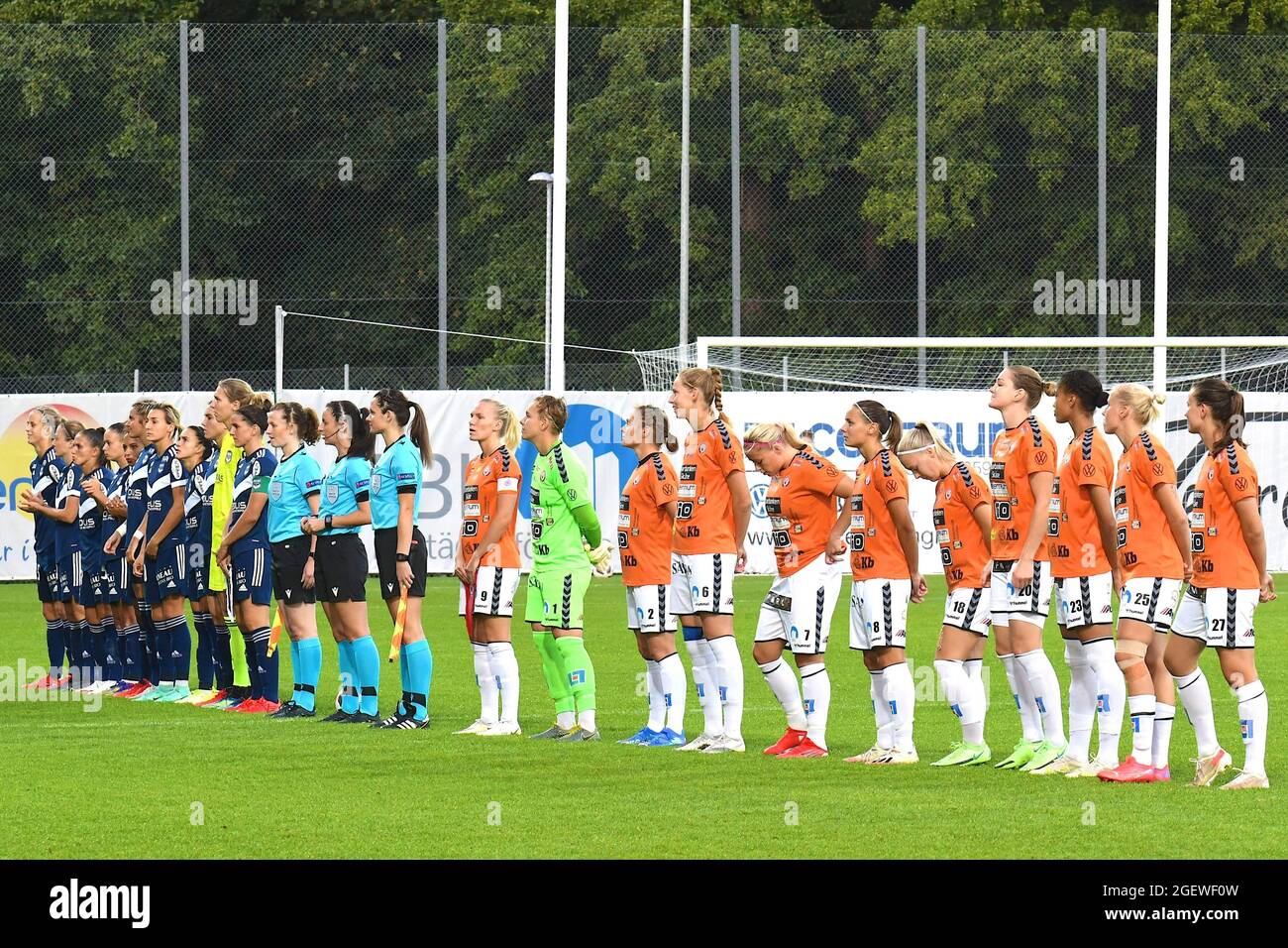 Kristianstad, Sweden. 21st Aug, 2021. Both teams lined up ahead of the  final of the League Path Group 2, qualification to UEFA Womens Champions  League between FC Girondins de Bordeaux and Kristianstads