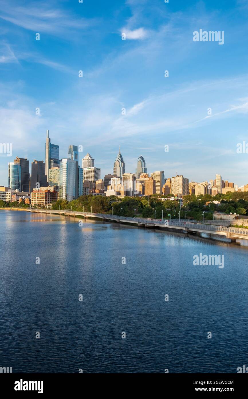 Skyline in summer behind the Schuylkill River Boardwalk at dawn , Philadelphia, Pennsylvania, USA Stock Photo