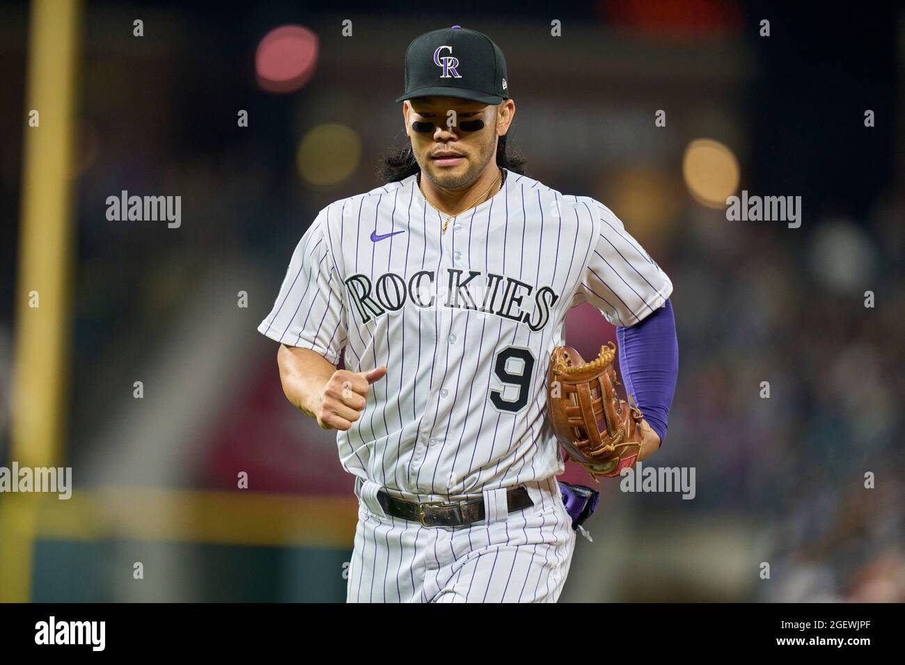 August 3 2021: Colorado Rockies outfielder Connor Joe (9) before the game  with the Chicago Cubs and the Colorado Rockies held at Coors Field in  Denver Co. David Seelig/Cal Sport Medi(Credit Image
