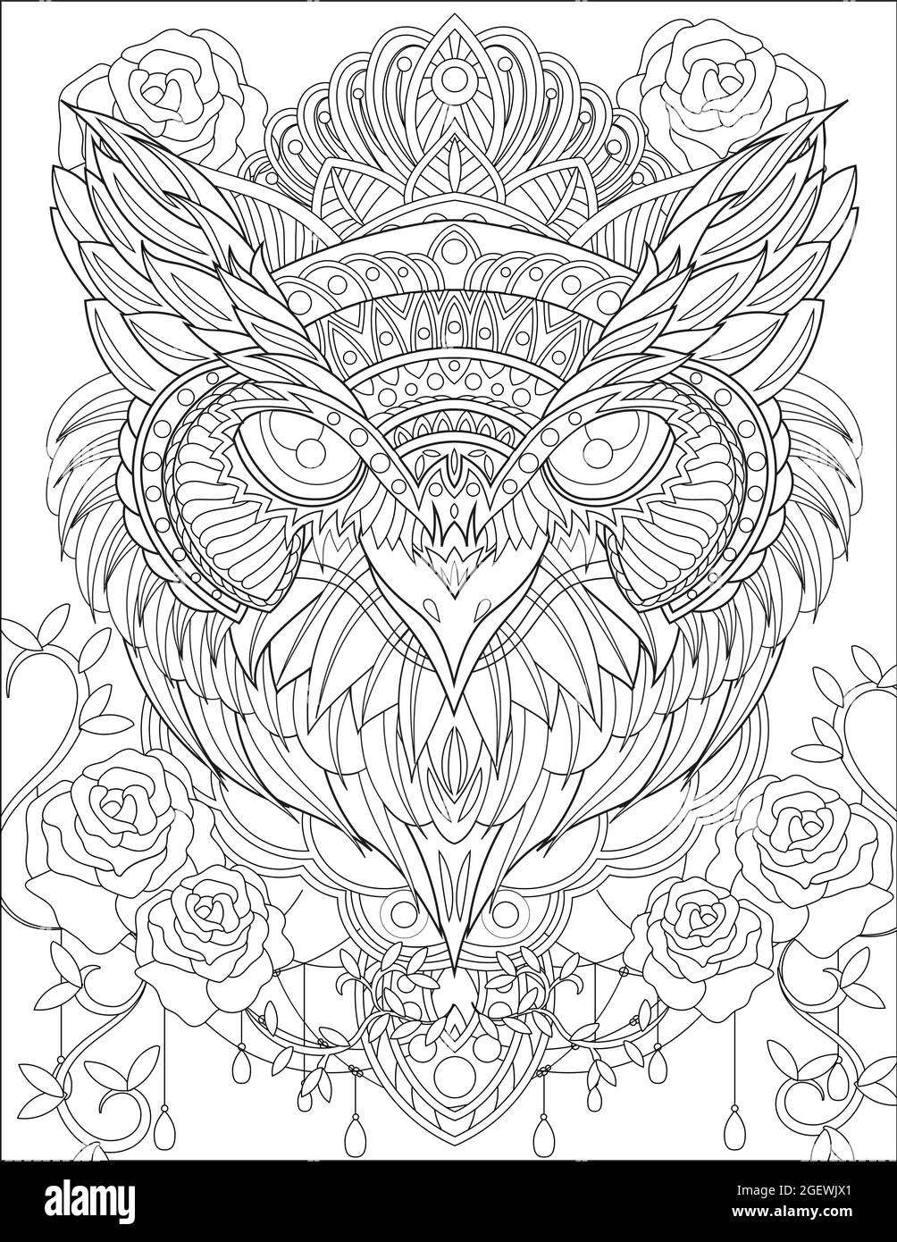 Close Up Owl Head With Crown Surrounding Rose Flowers Vines Colorless Line Drawing. Nightowl With Tiara Surrounded With Flower Facing Forward Coloring Stock Vector
