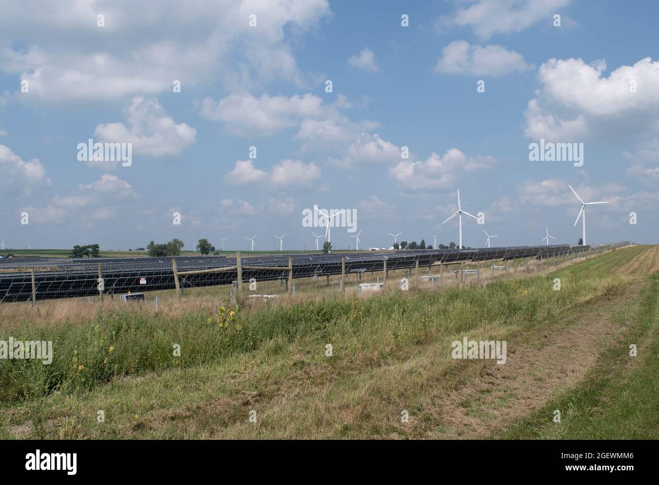 Construction of a solar farm with wind turbines in the background Stock Photo