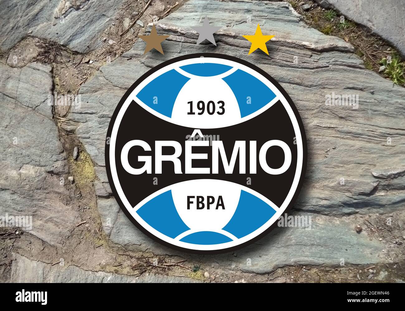 Coat of arms FC Grêmio, Porto Alegrense,  Rio Grande do Sul, Brazilian football club, stone background Stock Photo