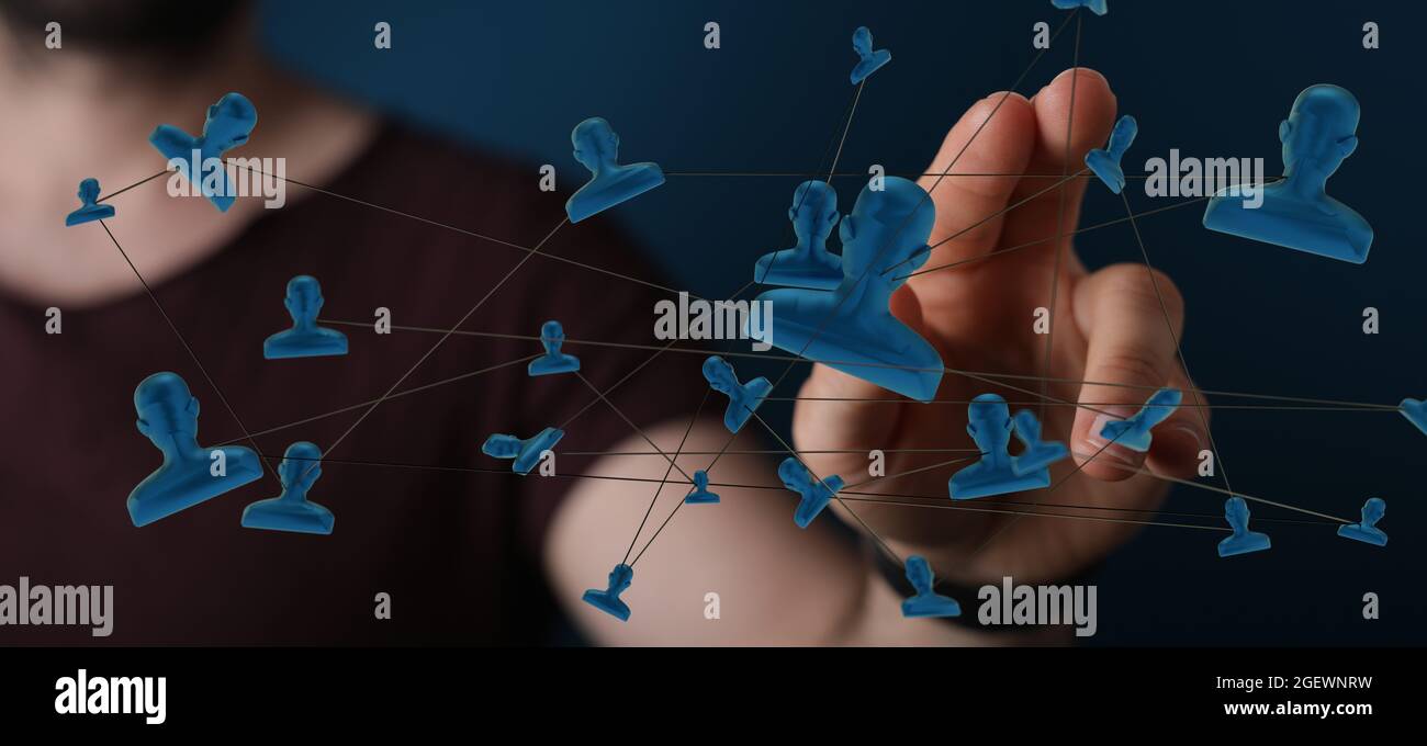 Person's hand touching 3D rendered people silhouettes Stock Photo - Alamy