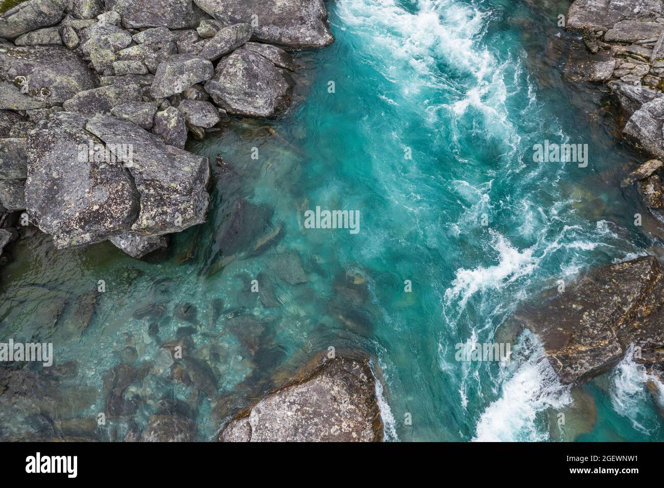 Crystal Clean Wilderness Turquoise River Fly Fishing Aerial Vista. Norwegian Vestland County. Stock Photo
