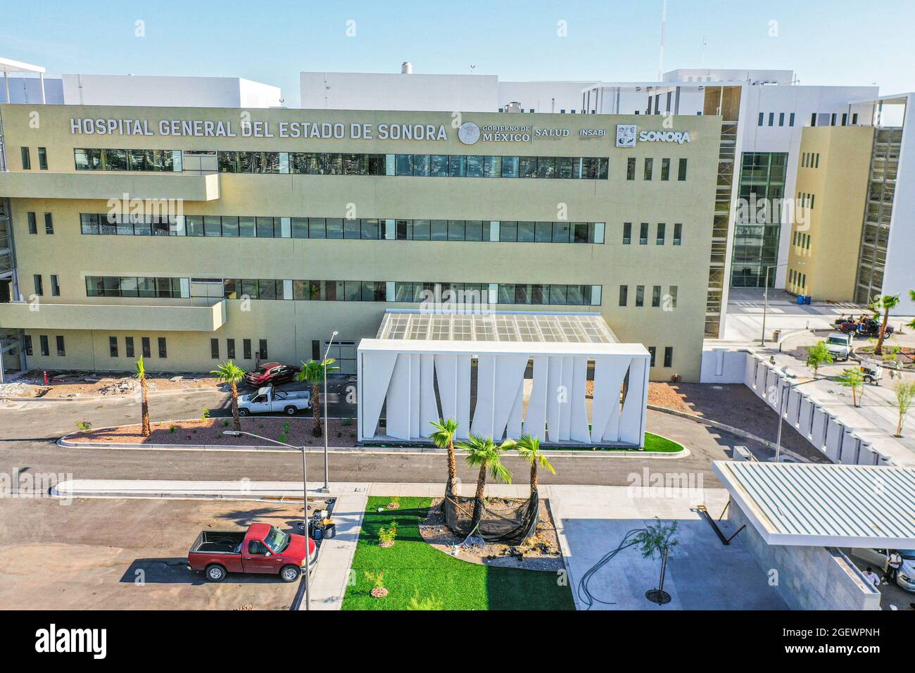 General view or aerial view of the Hospital General de Especialidades,  Hospital General del Estado de Sonora in the Villa de Parras neighborhood  and Bulevar Luis Donaldo Colosio in Hermosillo, Sonora Mexico. (