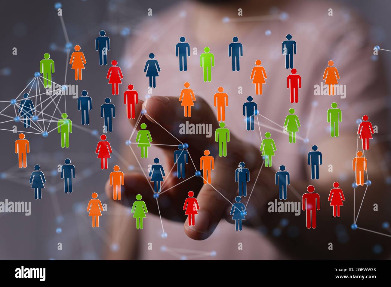 Person's hand touching 3D rendered people silhouettes Stock Photo - Alamy