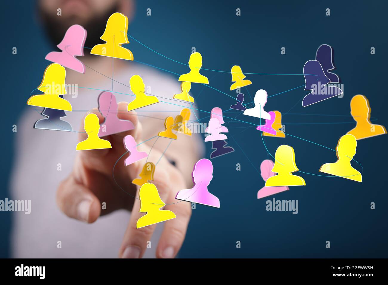 Person's hand touching 3D rendered people silhouettes Stock Photo - Alamy