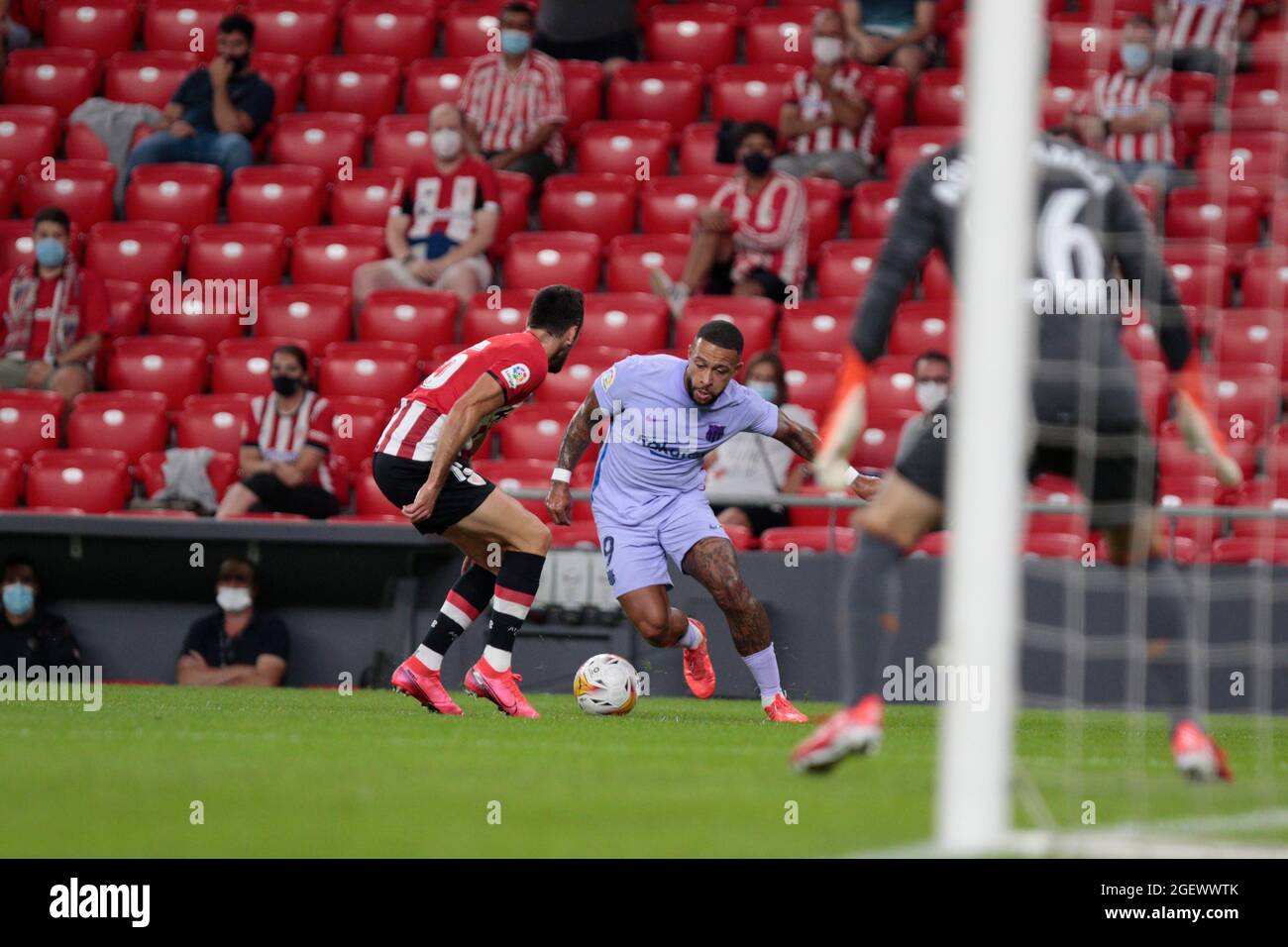 Bilbao Basque Country Spain 21st Aug 21 Memphis Depay 9 Of Fc Barcelona Tries To Dribble During The La Liga Week 2 Game Between Athletic Club And Fc Barcelona At San Mames Bilbao Basque Country Spain 21st Aug 21 Memphis Depay 9 Of Fc Barcelona Tries To Dribble During The La Liga Week 2 Game Between Athletic Club And Fc Barcelona At San Mames