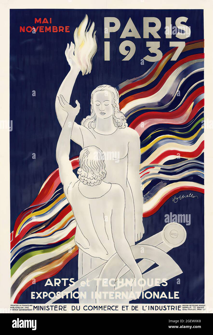 Leonetto Cappiello artwork. Art Nouveau. Vintage advertisement poster. Paris 1937. Paris Exposition Art and Technology. Stock Photo
