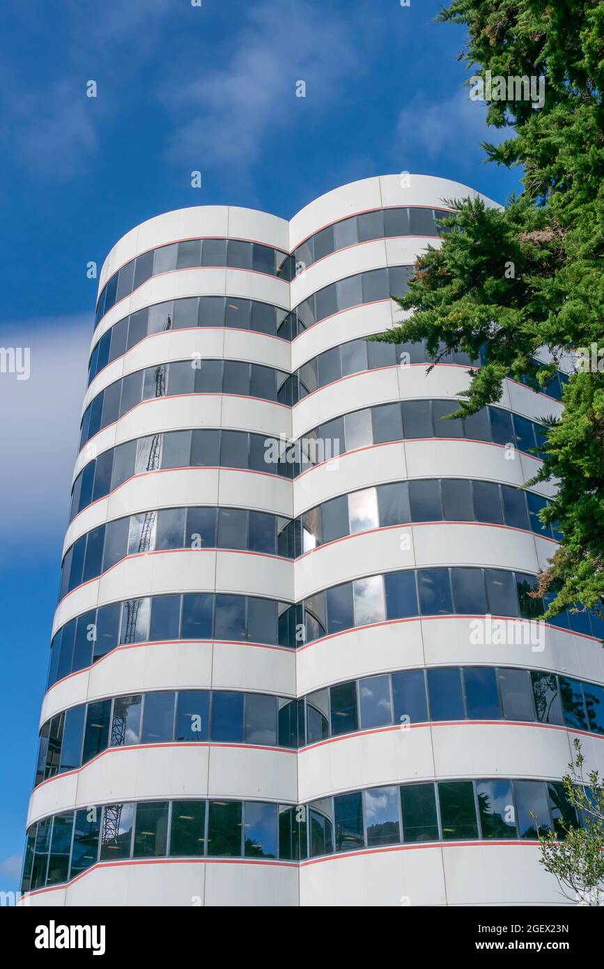 Modern styled high-rise city office building rising from street skyward Stock Photo