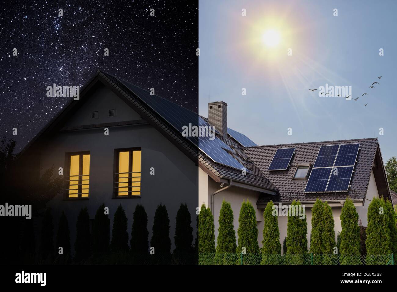 Solar panels on a gable roof. Beautiful modern house and solar energy