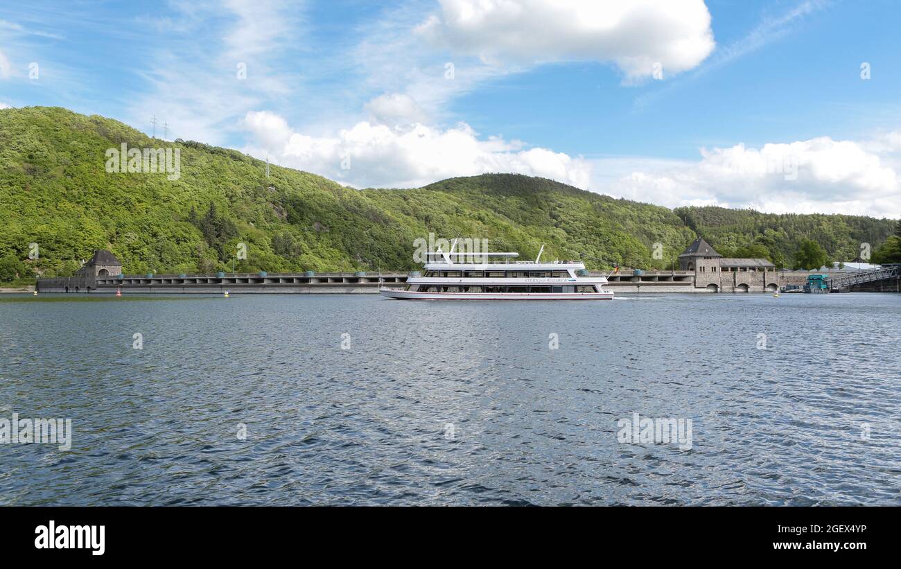 The Eder Dam - a German dam. The river Eder is dammed up to form a reservoir. Lake Eder serves as a water supply for the Weser River, ... Stock Photo