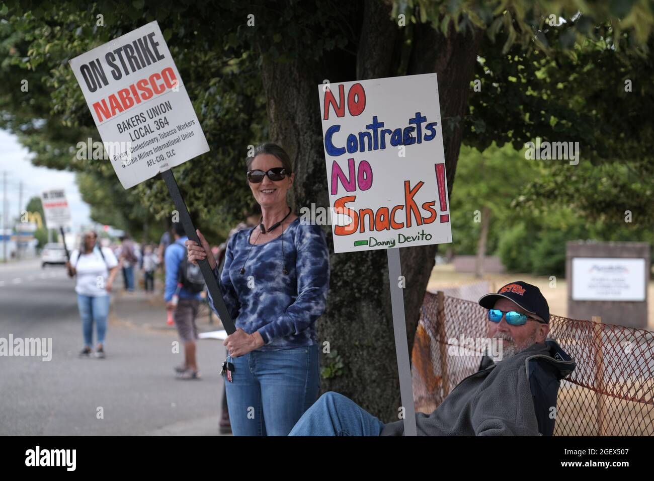 Sarah Davis, 54, and Richard Trull, 55, both Nabsico workers with the Bakery,  Confectionery, Tobacco Workers and Grain Millers International Union Local  364 strike outside their bakery owned by Mondelez International in