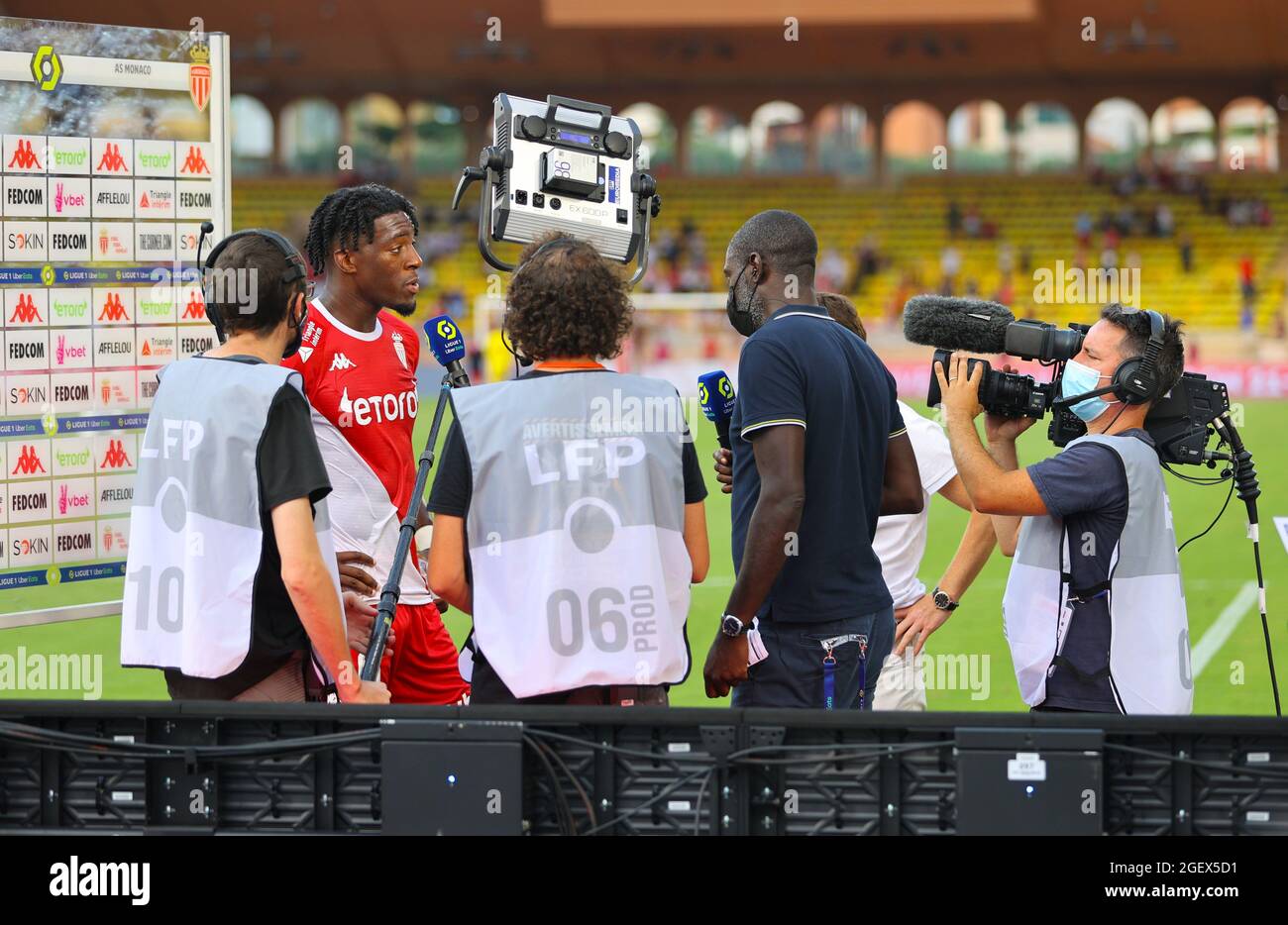 Monaco, Monte-Carlo - August 21, 2021: AS Monaco - RC Lens Football Match, French/France Ligue 1 with Axel Disasi during Interviews in the Stade Louis II. Mandoga Media Stock Photo