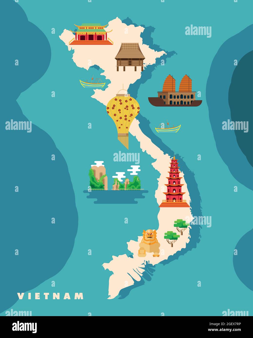 vietnam culture icons in map Stock Vector