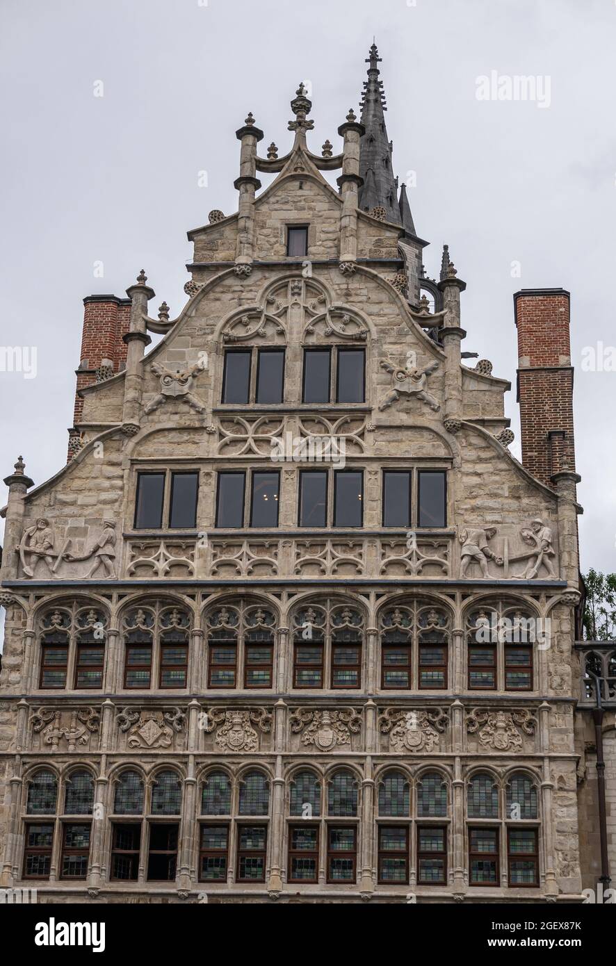 Gent, Flanders, Belgium - July 30, 2021: Facade top of Huis van de Vrije Schippers (House of the free shippers) on Graslei along Leie river. Sculpted Stock Photo