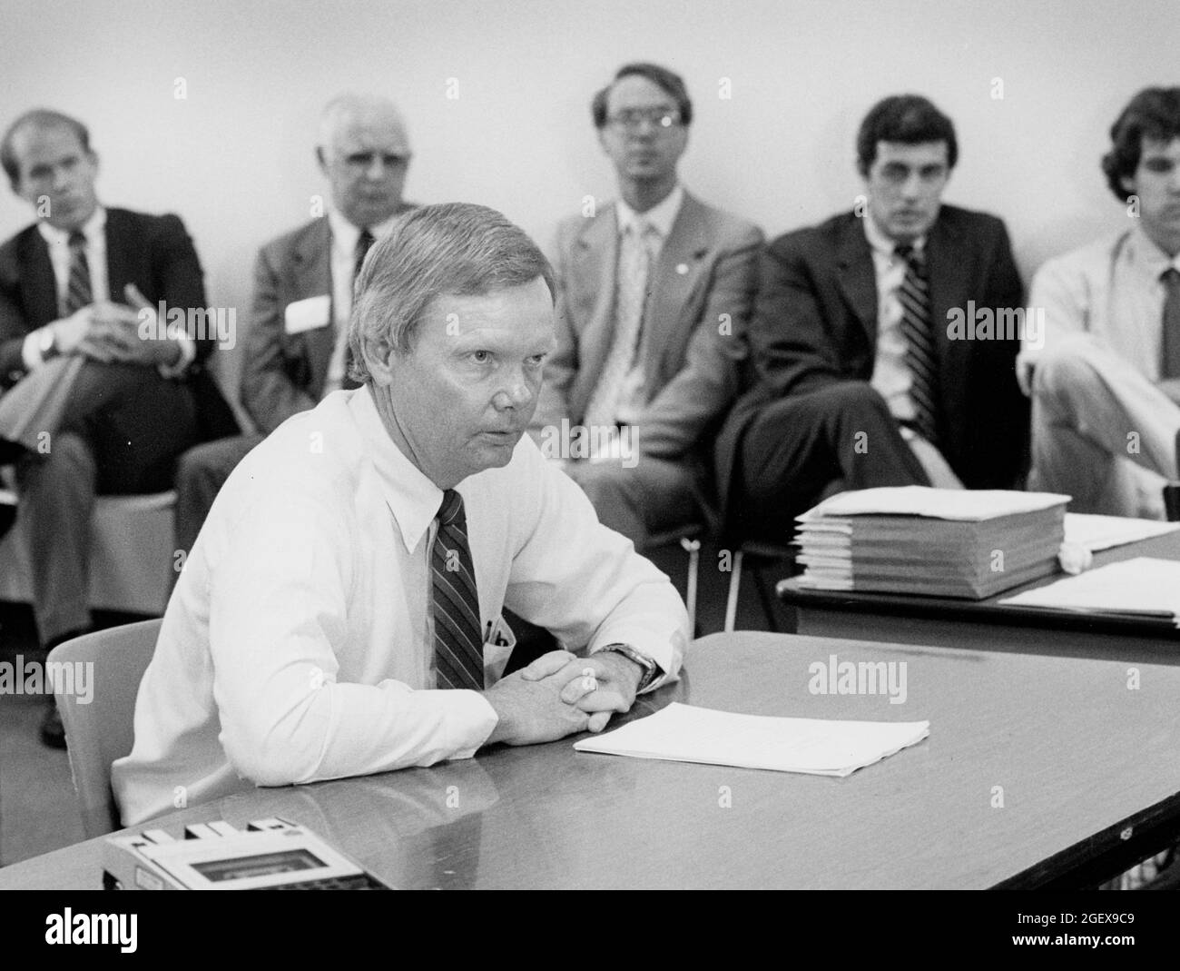 Austin Texas USA, circa 1993: Businessman testifies at Texas Department of Health public hearing regarding solvent abuse, drug abuse and glue sniffing of commercial products. ©Bob Daemmrich Stock Photo